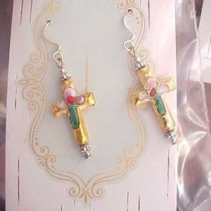 B2G1 GOLD Easter Cross & Rose Earrings Cloisonné Christian Catholic Communion
